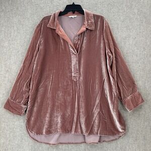 John Mark Velvet Tunic Top XL Pink Rose Quartz Button Up Long Sleeve Blouse
